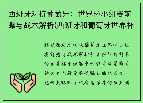 西班牙对抗葡萄牙：世界杯小组赛前瞻与战术解析(西班牙和葡萄牙世界杯对战)