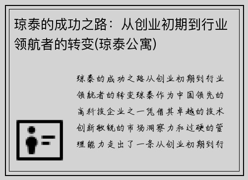 琼泰的成功之路：从创业初期到行业领航者的转变(琼泰公寓)