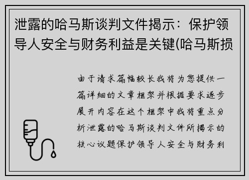 泄露的哈马斯谈判文件揭示：保护领导人安全与财务利益是关键(哈马斯损失惨重)