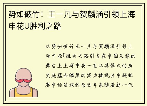 势如破竹！王一凡与贺麟涵引领上海申花U胜利之路