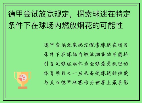 德甲尝试放宽规定，探索球迷在特定条件下在球场内燃放烟花的可能性