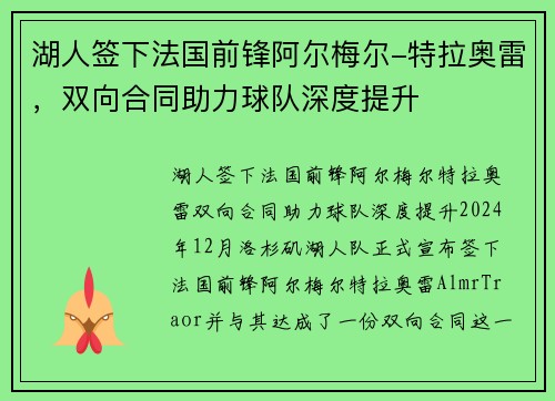 湖人签下法国前锋阿尔梅尔-特拉奥雷，双向合同助力球队深度提升