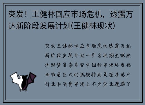 突发！王健林回应市场危机，透露万达新阶段发展计划(王健林现状)